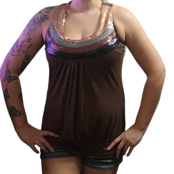 Brown Sequin Sack Hem Shirt - Picture 1 of 2